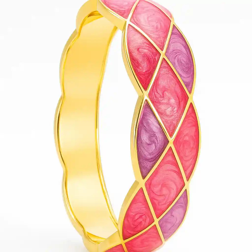 Gold-Plated Pink & Purple Diamond-Pattern Enamel Bangle - VelluraJewellery
