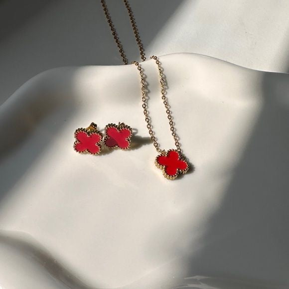 Elegant Red Van Cleef-Inspired Red Quatrefoil Pendant Set with Earrings & Bracelet