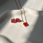 Elegant Red Van Cleef-Inspired Red Quatrefoil Pendant Set with Earrings & Bracelet
