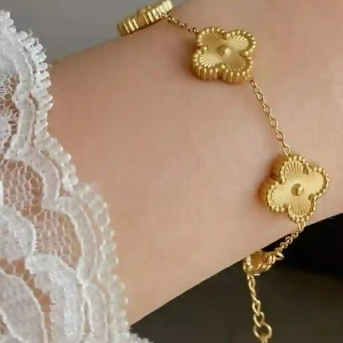 Van Cleef inspired gold plated clover bracelet with five four-leaf motifs and adjustable chain – anti-tarnish stainless steel jewelry"