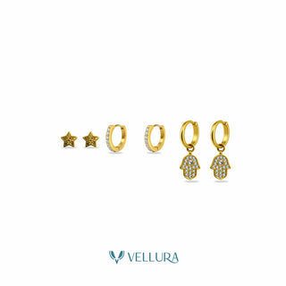 Earring Combo Set – Star Stud, Crystal Hoop & Hamsa Charm