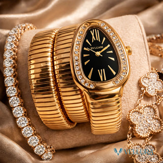 Bvalgari Insipred - Gold Black Studded Serpent Watch