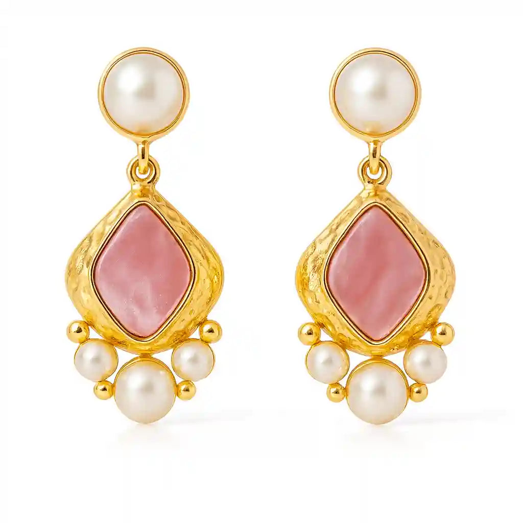 Elegant Pink Stone & Pearl Gold Drop Earrings Vellura Jewellery