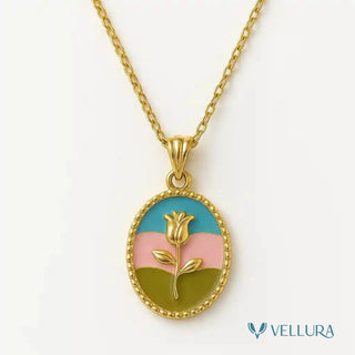 Gold Rose Pendant Necklace with Tricolor Enamel