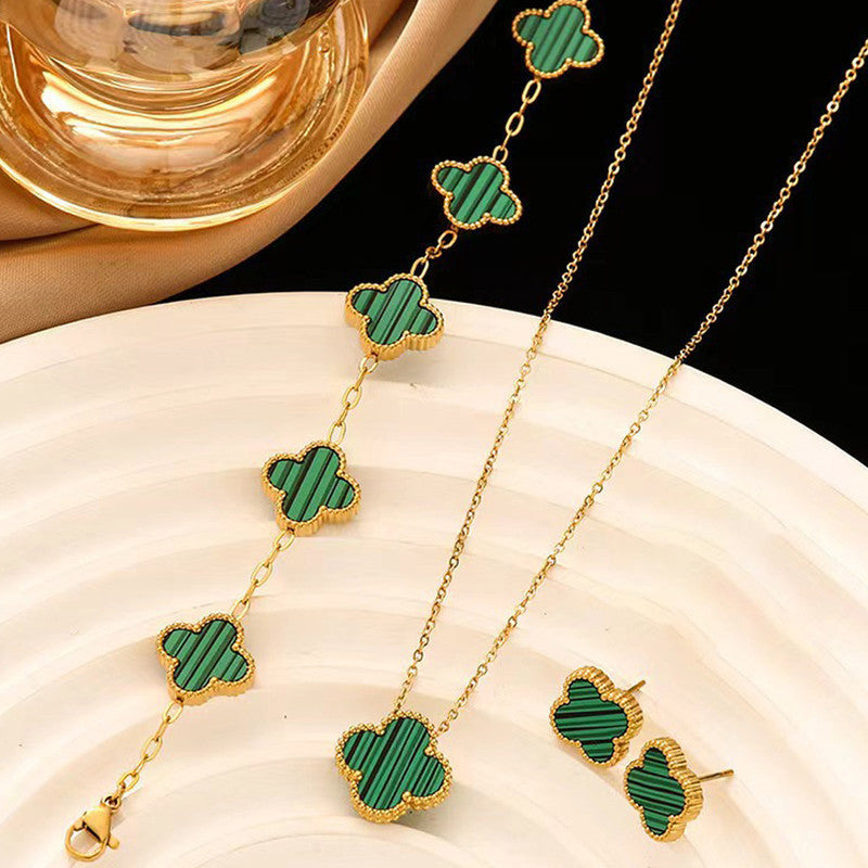 Van Cleef-Inspired Green Quatrefoil Necklace Set-Necklace,Ring,Earrings and Bracelet