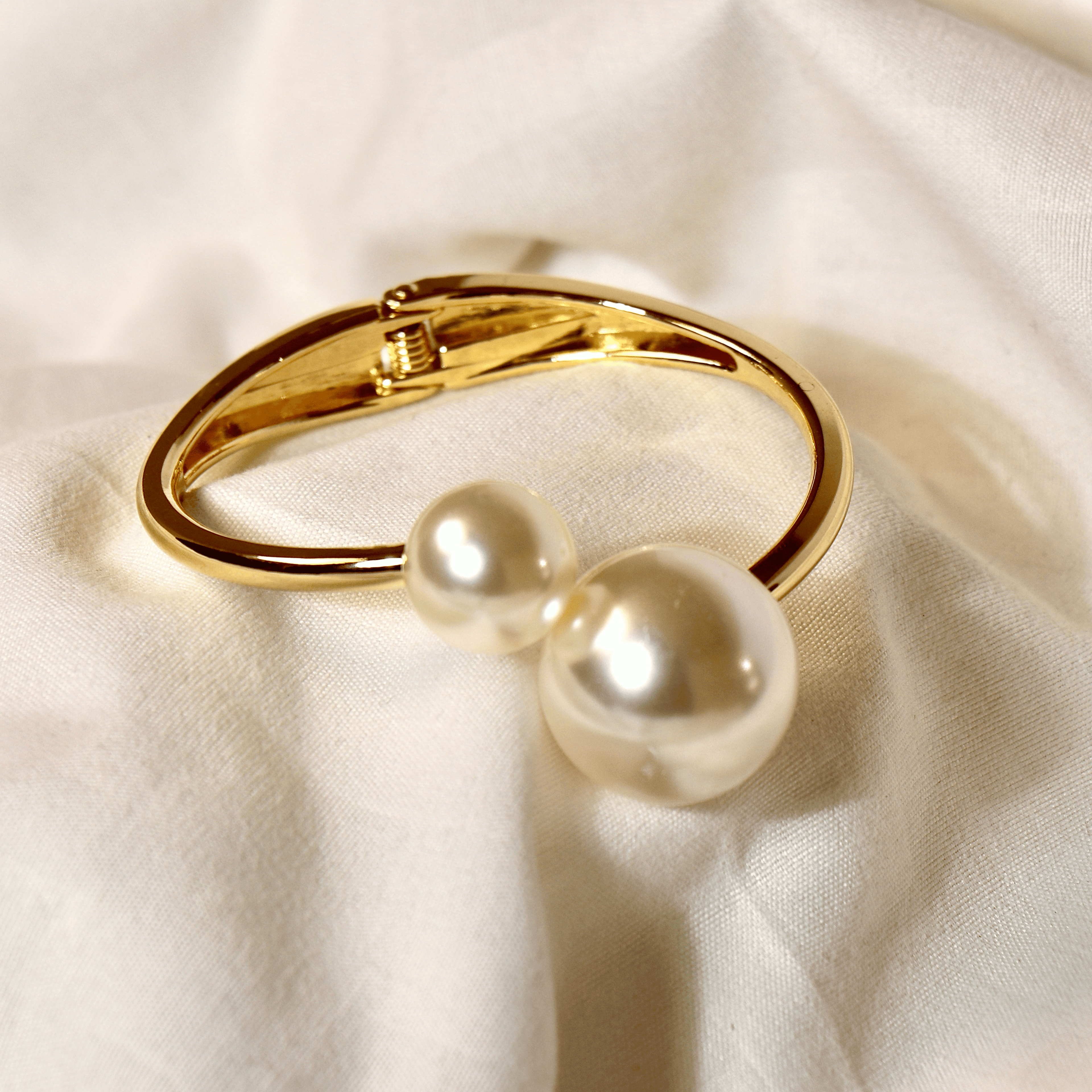 Elegant Gold Plated Open Cuff Bracelet with Dual Pearls Vellura Jewellery