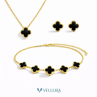 Van Cleef-Inspired Black Quatrefoil Necklace Set-Necklace, Earrings and Bracelet