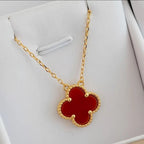 Elegant Red Van Cleef-Inspired Red Quatrefoil Pendant Set with Earrings & Bracelet