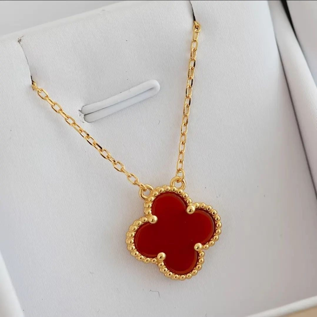Elegant Red Van Cleef-Inspired Red Quatrefoil Pendant Set with Earrings & Bracelet