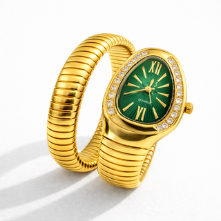 Gold Serpent Wrap Watch-Emerald Green