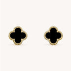 Van Cleef black clover stud earrings with gold beaded border, anti-tarnish finish, elegant luxury jewelry - vellura Jewellery