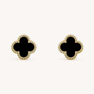 Van Cleef black clover stud earrings with gold beaded border, anti-tarnish finish, elegant luxury jewelry - vellura Jewellery