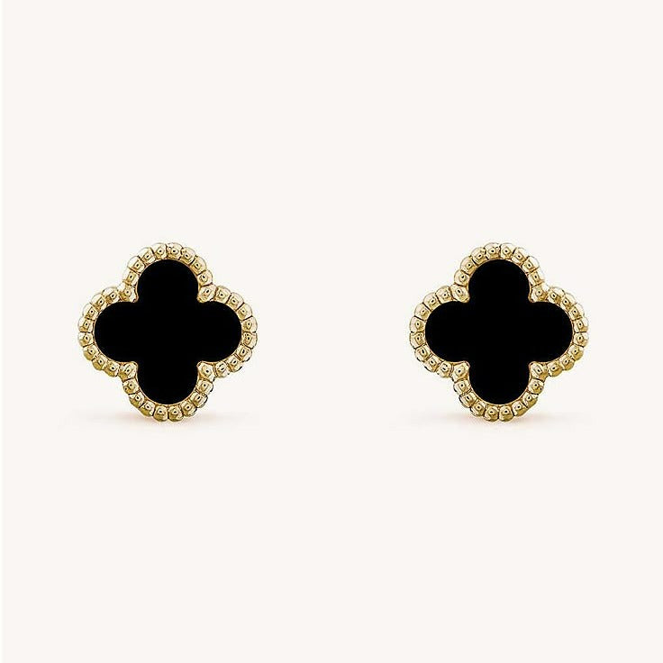 Van Cleef black clover stud earrings with gold beaded border, anti-tarnish finish, elegant luxury jewelry - vellura Jewellery