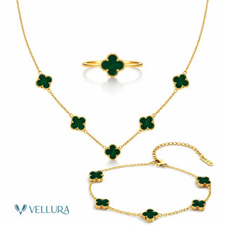 Green Emerald Van Cleef- inspired necklace set Bracelet, Ring & Earrings