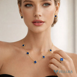 5 Motif's Van Cleef Inspired Blue Necklace with bracelet -Adjustable