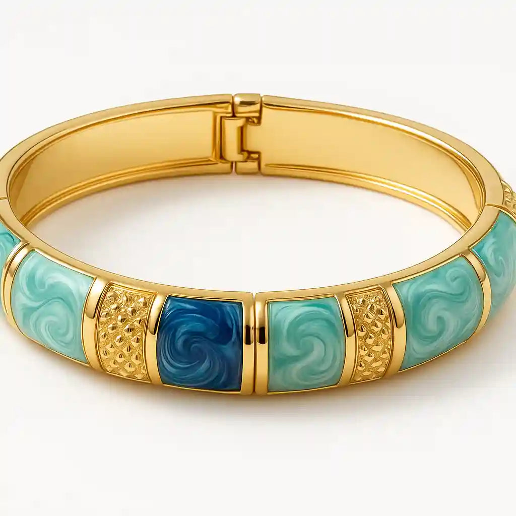 Luxury Gold-Plated Hinged Bangle with Blue & Aqua Marbled Enamel - VelluraJewellery