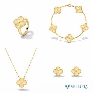 Van Cleef-Inspired Gold Quatrefoil Necklace Set-Necklace,Ring and Bracelet