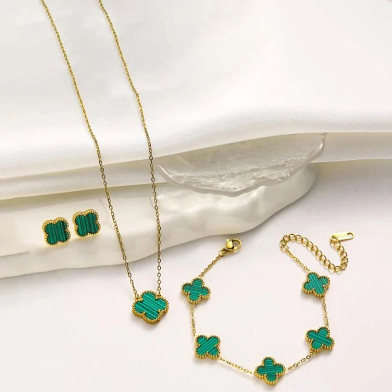 Van Cleef-Inspired Green Quatrefoil Necklace Set-Necklace,Ring,Earrings and Bracelet