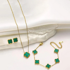 Van Cleef-Inspired Green Quatrefoil Necklace Set-Necklace,Ring,Earrings and Bracelet