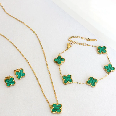 Van Cleef-Inspired Green Quatrefoil Necklace Set-Necklace,Ring,Earrings and Bracelet