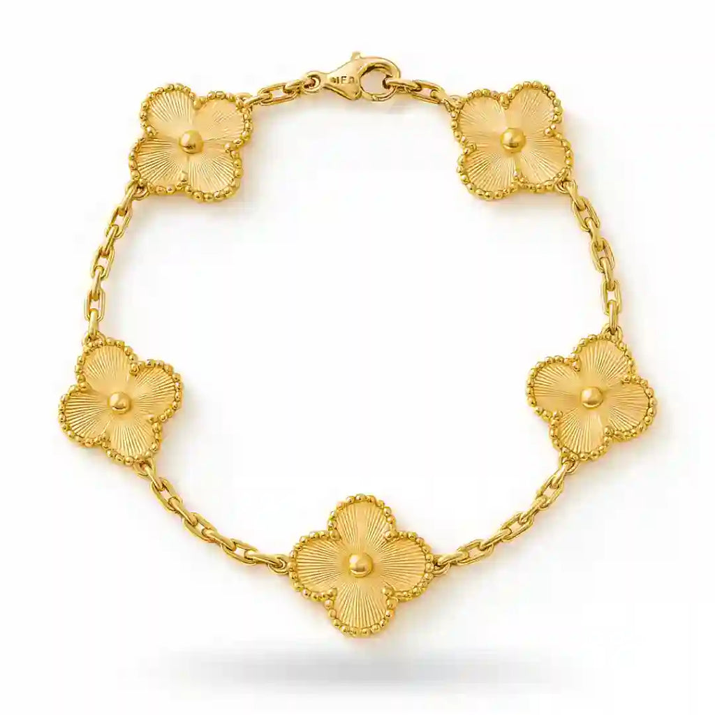 Van Cleef inspired gold plated clover bracelet with five four-leaf motifs and adjustable chain – anti-tarnish stainless steel jewelry"