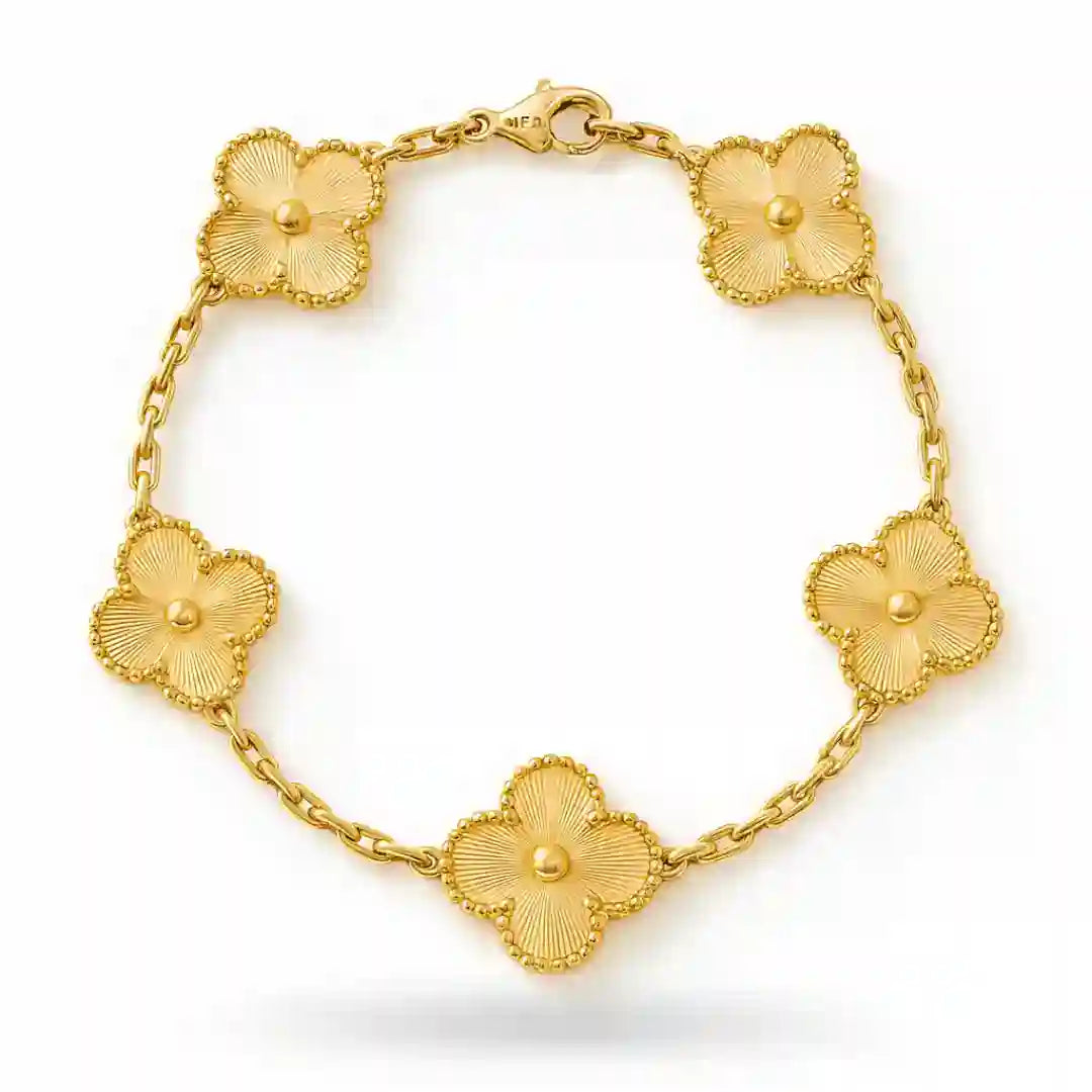 Van Cleef inspired gold plated clover bracelet with five four-leaf motifs and adjustable chain – anti-tarnish stainless steel jewelry"