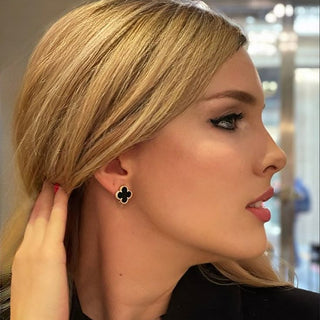 Van Cleef black clover stud earrings with gold beaded border, anti-tarnish finish, elegant luxury jewelry - vellura Jewellery