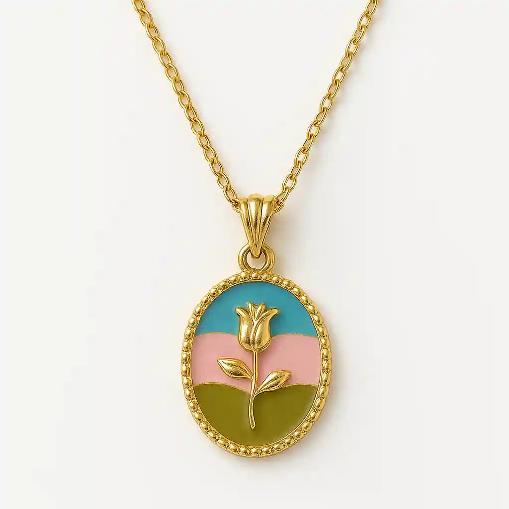Gold Rose Pendant Necklace with Tricolor Enamel Vellura Jewellery