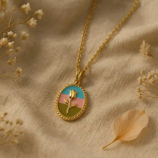 Gold Rose Pendant Necklace with Tricolor Enamel Vellura Jewellery