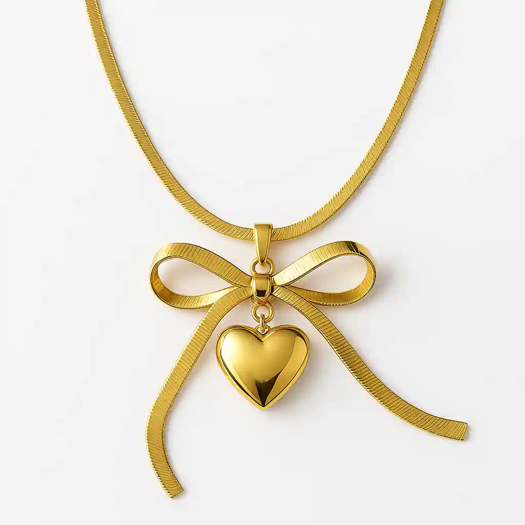 Gold Bow & Heart Locket Necklace Vellura Jewellery
