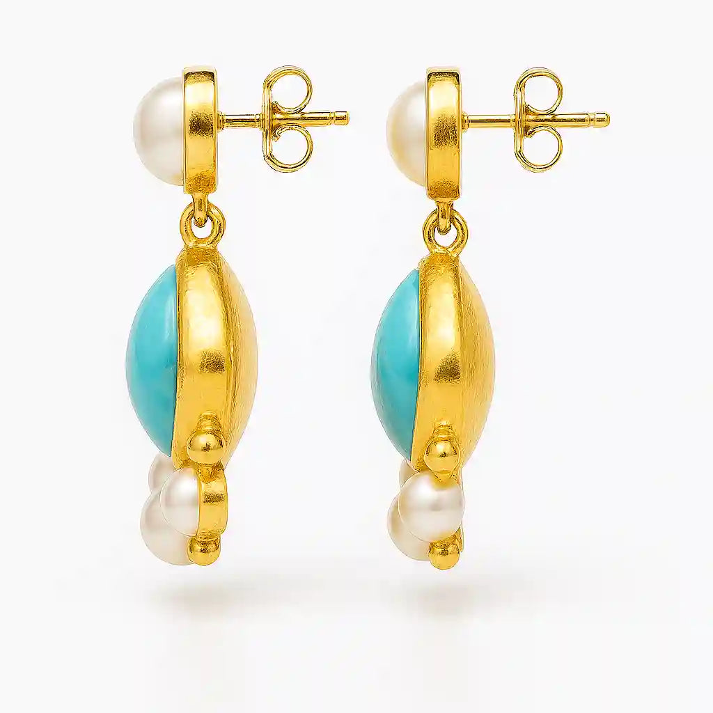 Elegant blue Stone & Pearl Gold Drop Earrings Vellura Jewellery
