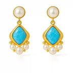 Elegant blue Stone & Pearl Gold Drop Earrings Vellura Jewellery