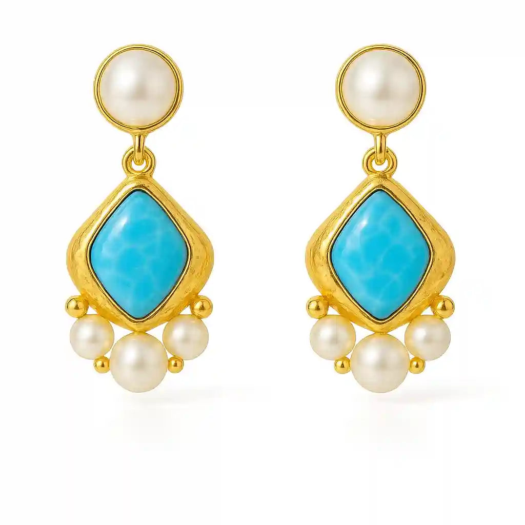 Elegant blue Stone & Pearl Gold Drop Earrings Vellura Jewellery