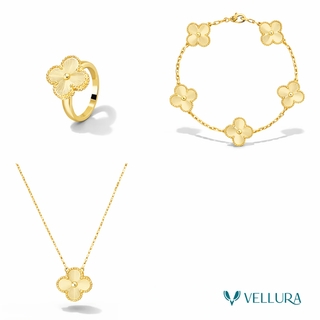 Van Cleef-Inspired Gold Quatrefoil Necklace Set-Necklace,Ring and Bracelet