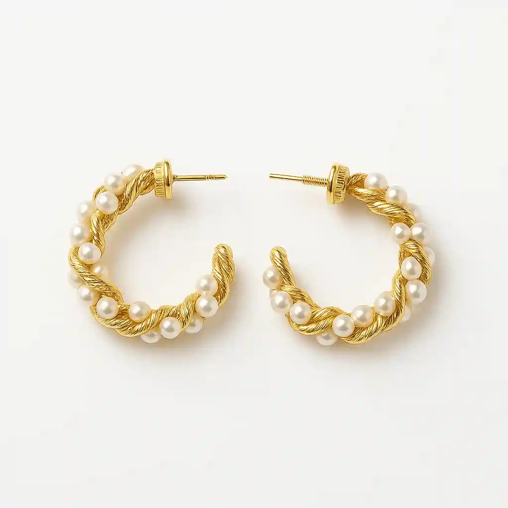 Gold Pearl Hoop Earrings Vellura Jewellery