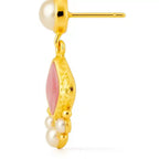 Elegant Pink Stone & Pearl Gold Drop Earrings Vellura Jewellery