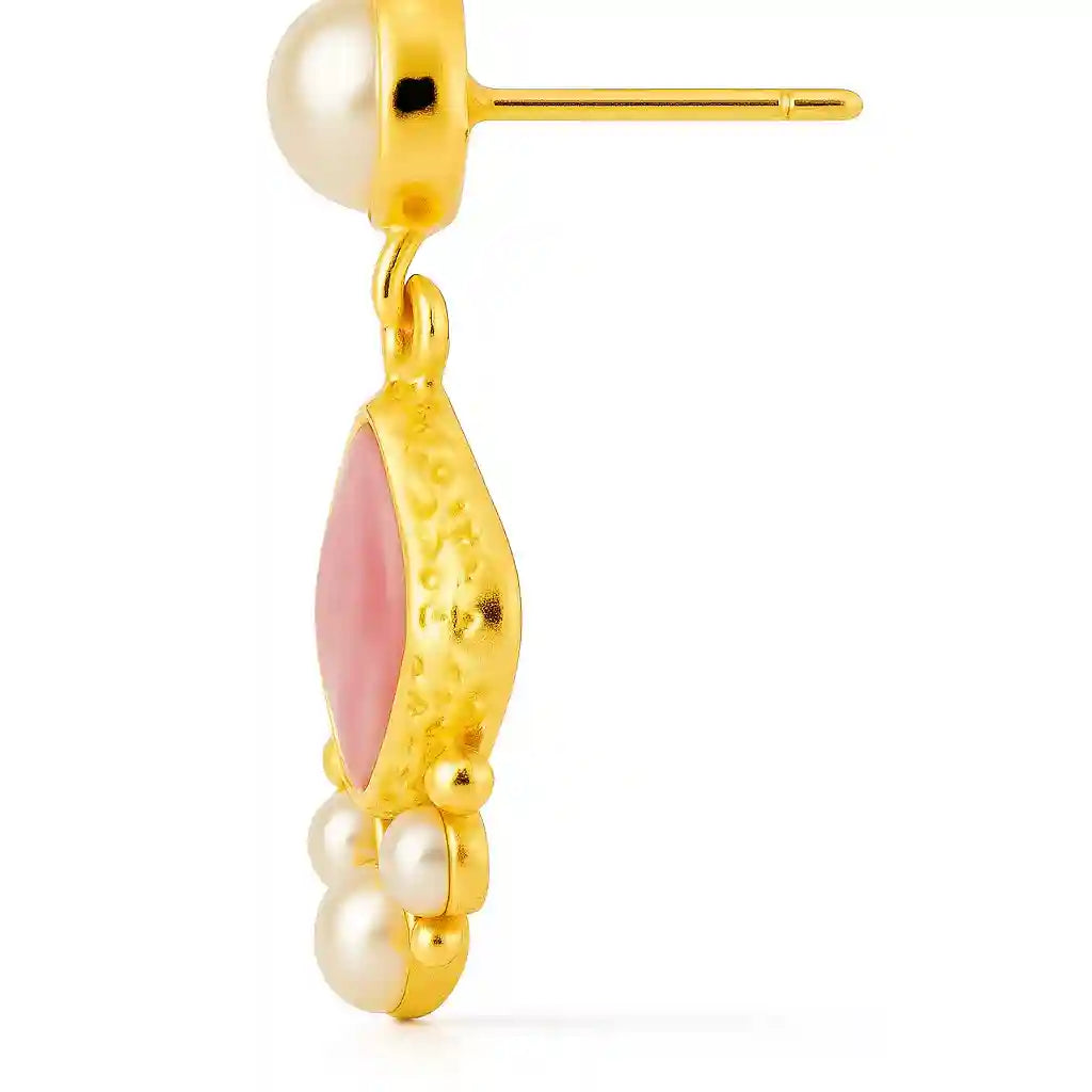 Elegant Pink Stone & Pearl Gold Drop Earrings Vellura Jewellery