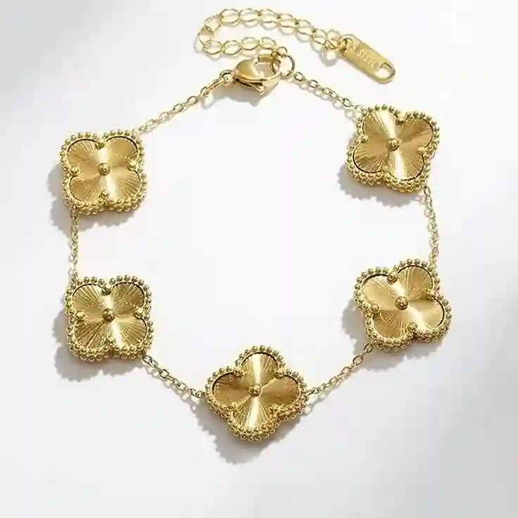 Van Cleef inspired gold plated clover bracelet with five four-leaf motifs and adjustable chain – anti-tarnish stainless steel jewelry"