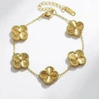 Van Cleef inspired gold plated clover bracelet with five four-leaf motifs and adjustable chain – anti-tarnish stainless steel jewelry"