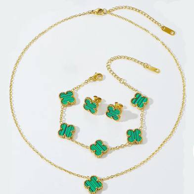 Van Cleef-Inspired Green Quatrefoil Necklace Set-Necklace,Ring,Earrings and Bracelet