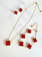 Elegant Red Van Cleef-Inspired Red Quatrefoil Pendant Set with Earrings & Bracelet