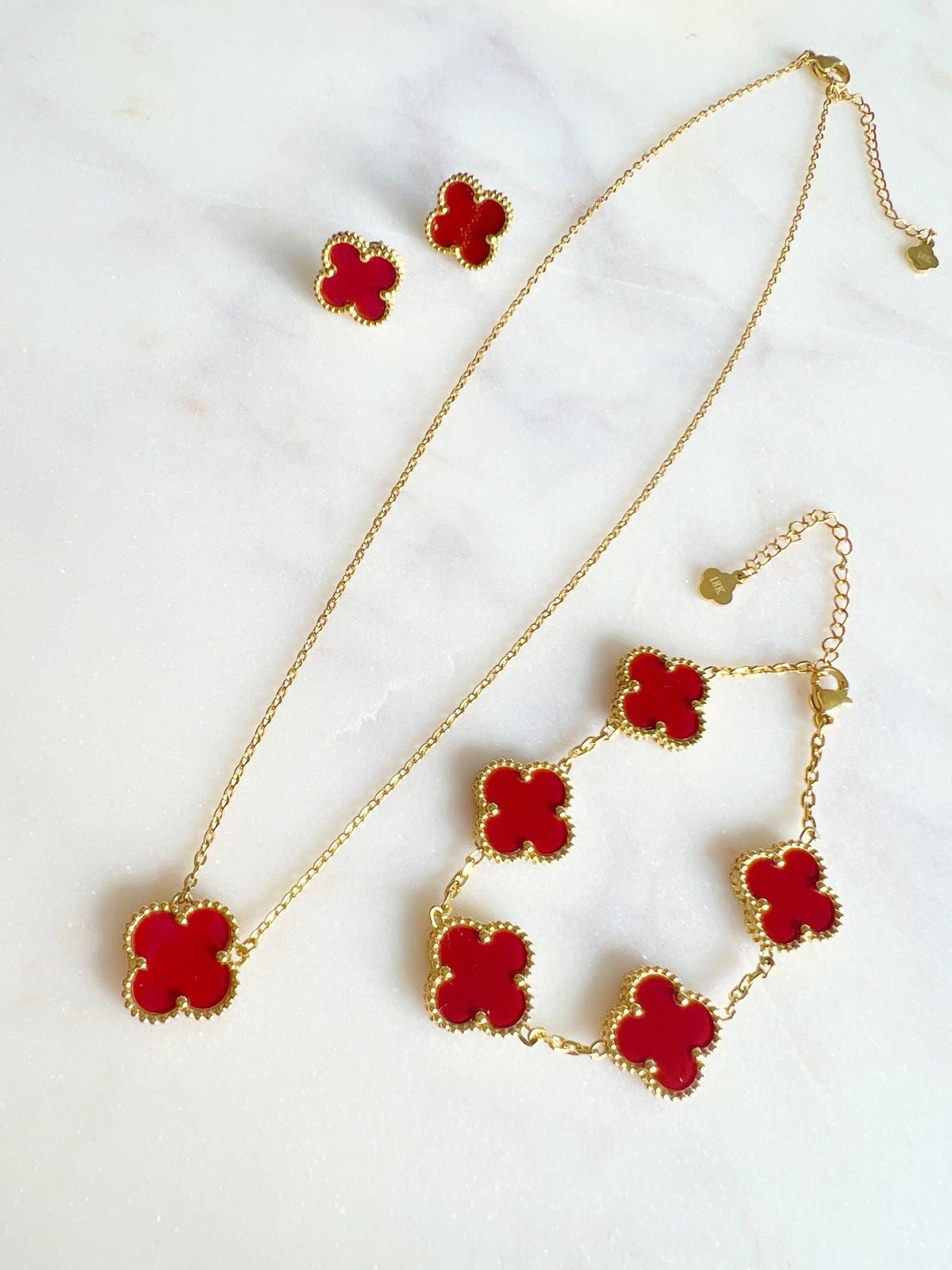 Elegant Red Van Cleef-Inspired Red Quatrefoil Pendant Set with Earrings & Bracelet