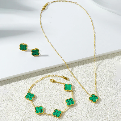 Van Cleef-Inspired Green Quatrefoil Necklace Set-Necklace,Ring,Earrings and Bracelet