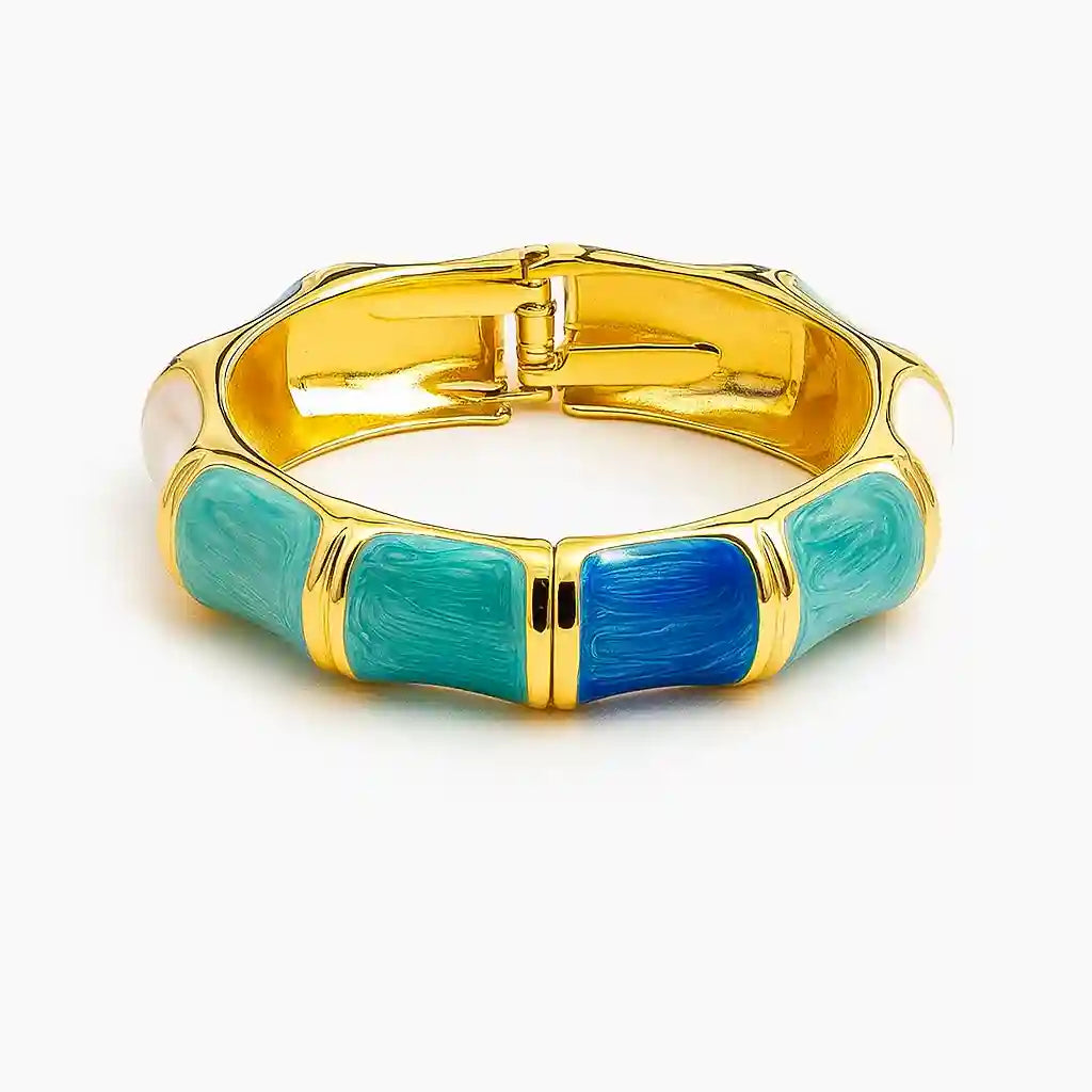 Luxury Gold-Plated Hinged Bangle with Blue & Turquoise Enamel - VelluraJewellery
