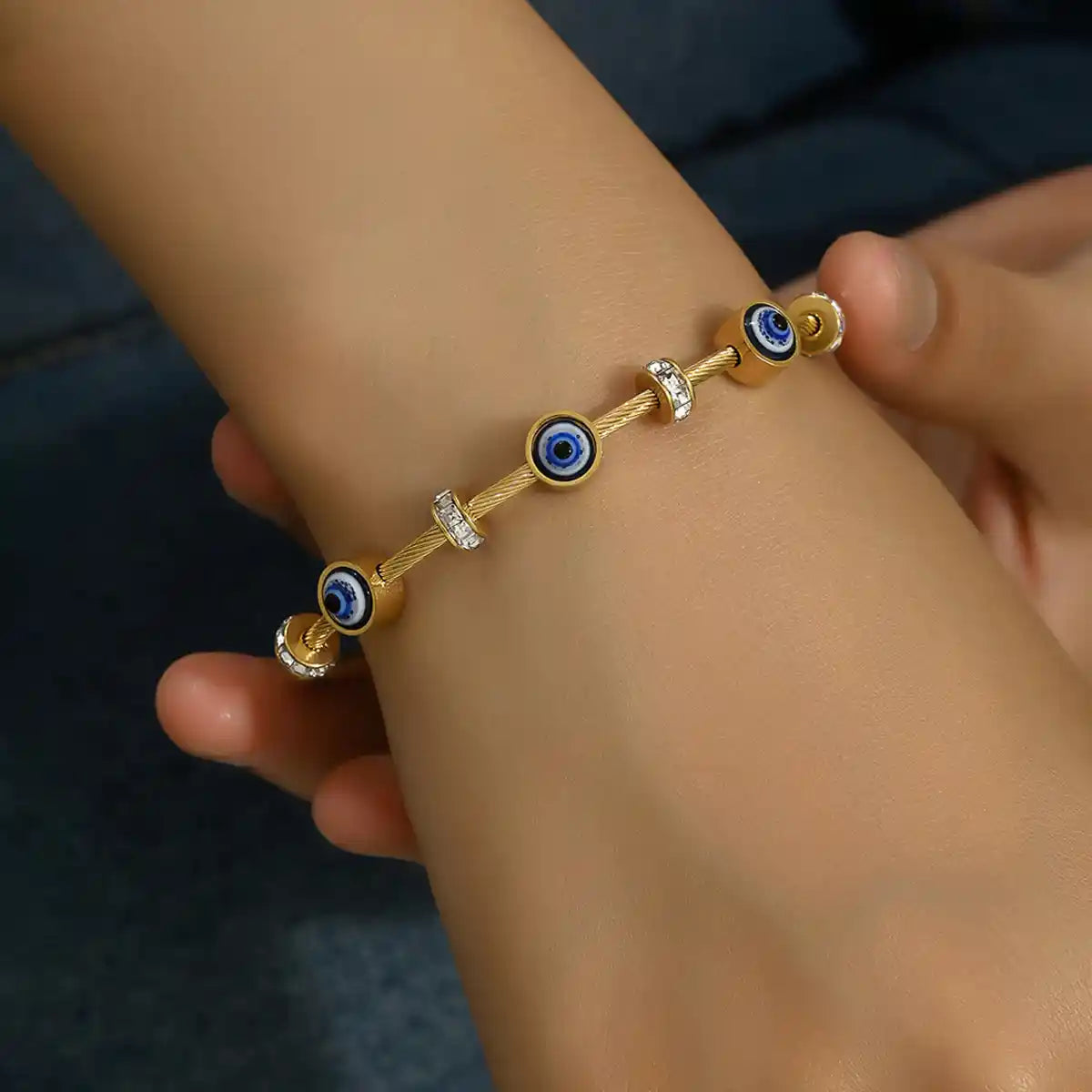 Gold cable bracelet with evil eye and cubic zirconia charms-Vellura Jewellery