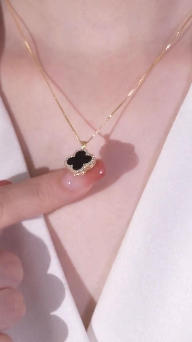 Elegant Van Cleef Inspired Black Clover Pendant Necklace-Studded
