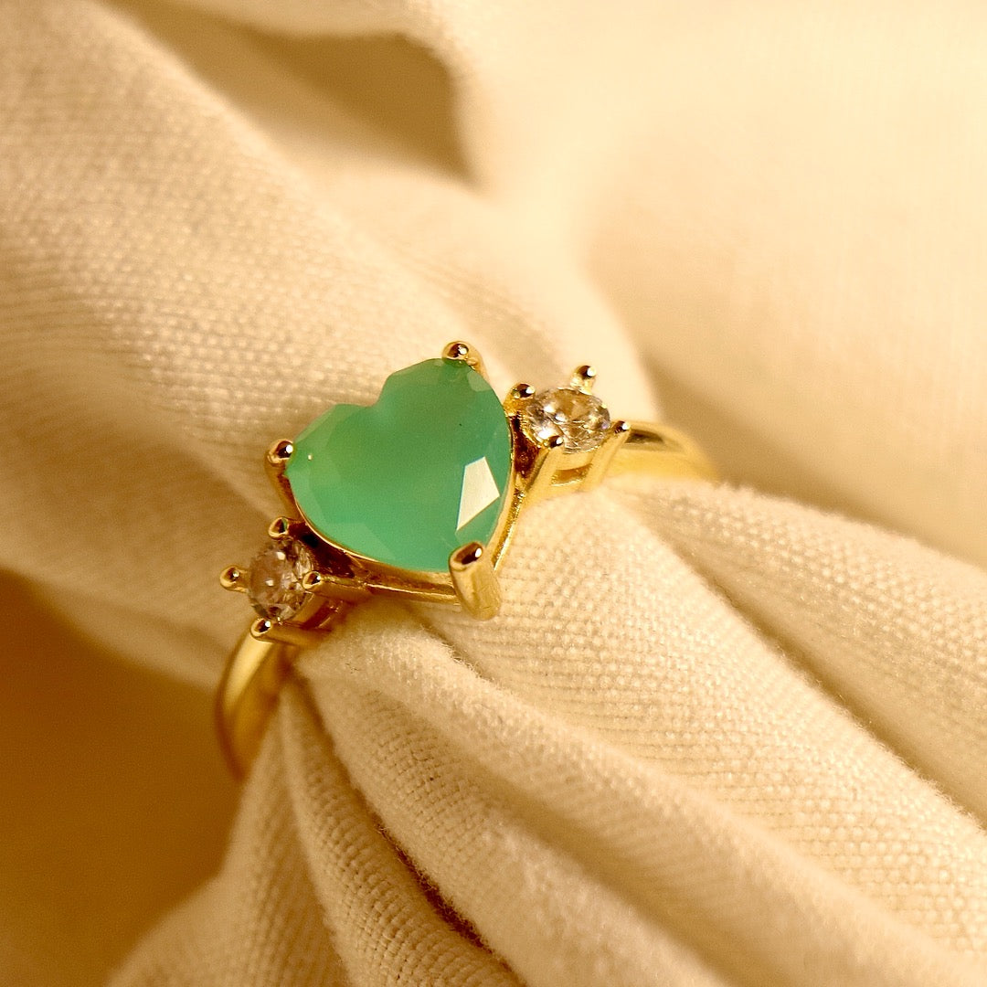 Gold Adjustable Heart Ring with Aqua Green Center Stone and Side CZ Accents Vellura Jewellery