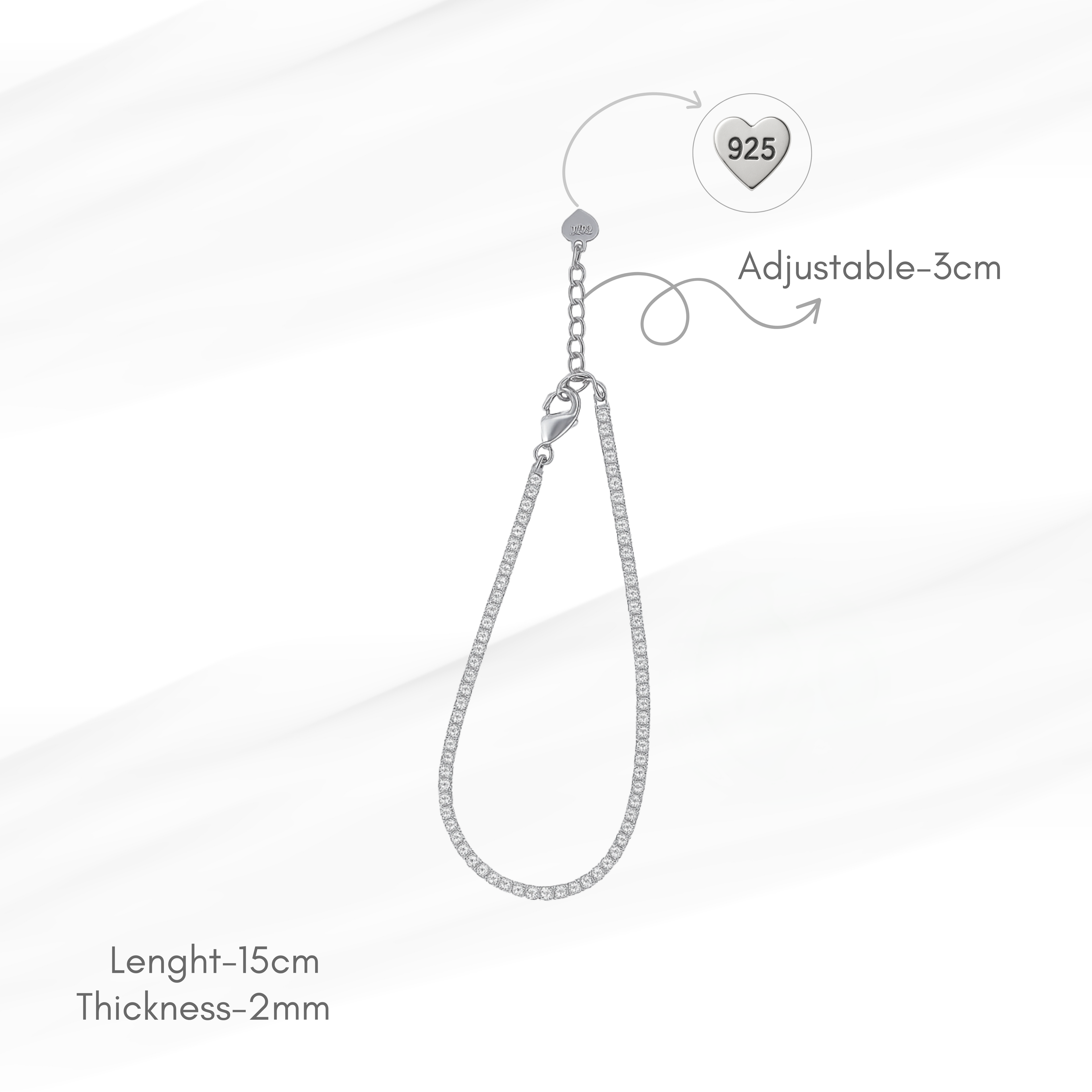 Elegant Sterling Silver Tennis Bracelet with White Stones – Adjustable Chain Vellura Jewellery