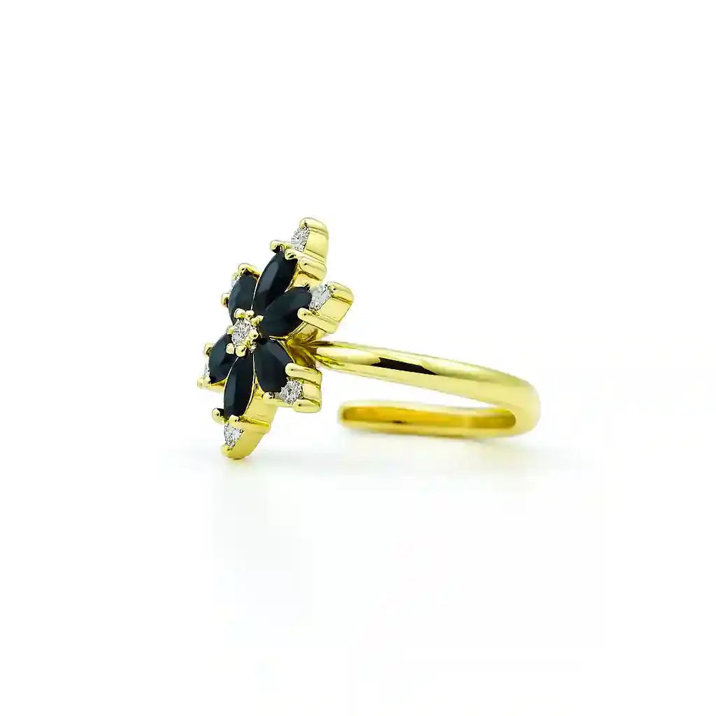 Gold Flower Ring with Black and White Stones Vellura Jewellery
