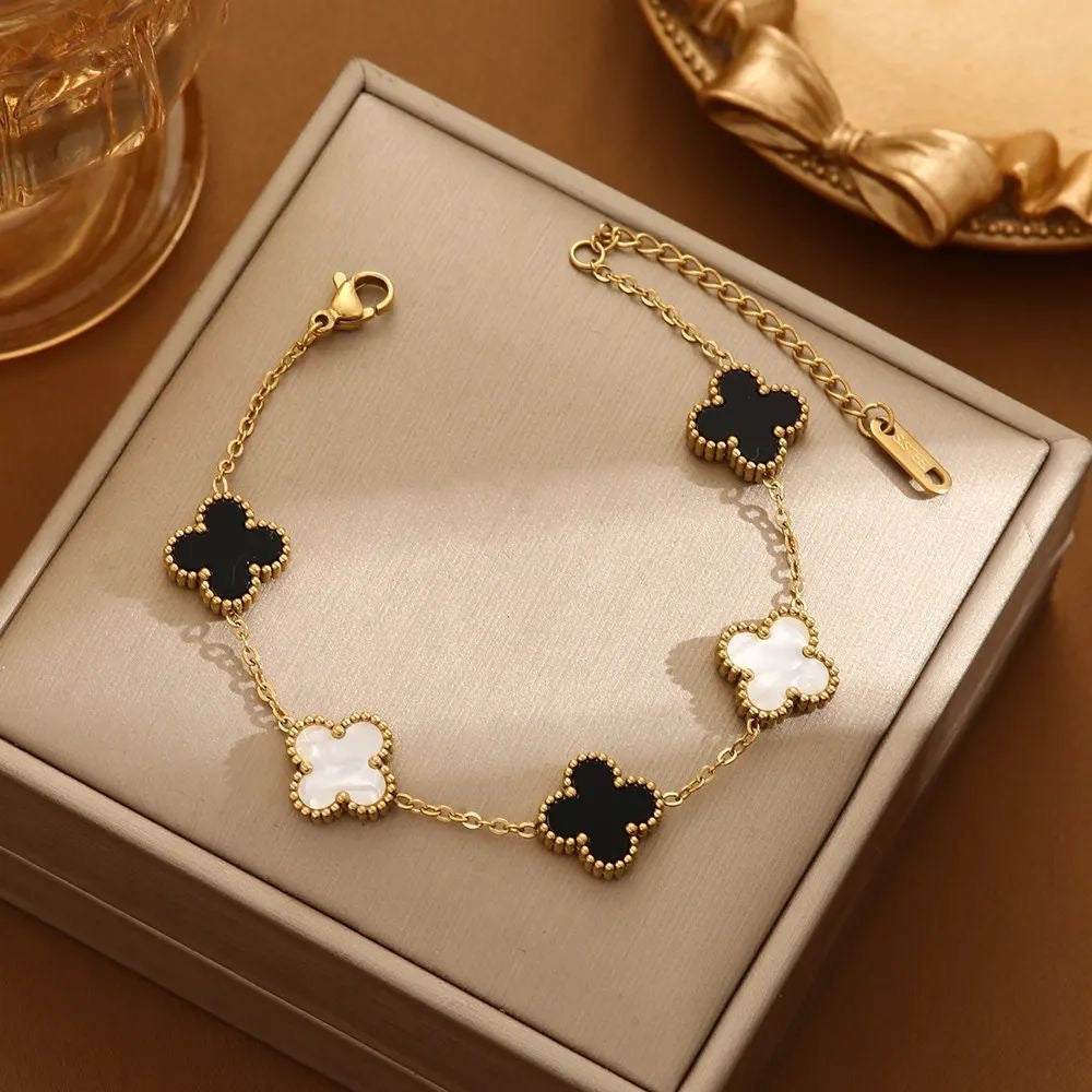 Elegant Black & White Clover Bracelet